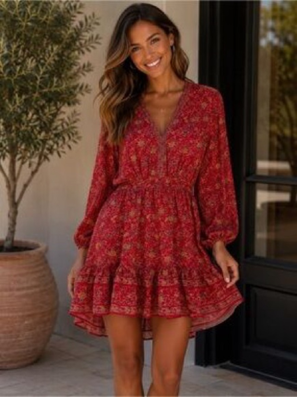 Max Studio Red Floral V-Neck Long Sleeve Dress